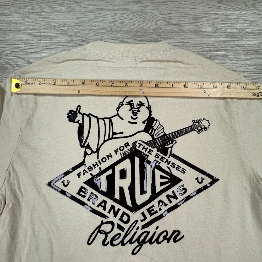 True Religion Mens T Shirt Buddha Guitar Graphic Logo Beige Small Short Sleeve